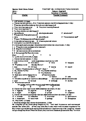 Đề kiểm tra 1 tiết học kỳ II môn Tiếng Anh Lớp 8 - Năm học 2018-2019 - Trường THCS Nguyễn Bỉnh Khiêm (Có đáp án)
